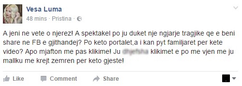 Statusi revoltues i këngëtares Vesa Luma në Facebook (I censuruar)