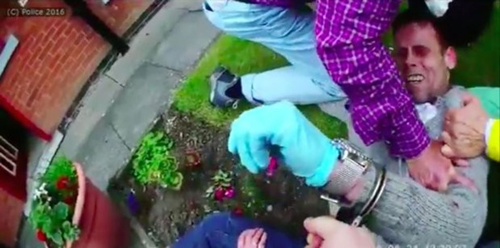 02/10/2016: A Derbyshire police officer's body cam captures the amazing moment three pensioners caught Stephen Ward, a crime-spree burglar who had evaded police for 18 months. Peter Mueller, 70, from Germany, was visiting the house of his recently passed away mother-in-law when he was shocked to spot Ward standing in the corridor with a bag of jewellery. Mr Mueller ñ plus elderly relatives Adly Gorrafa, 81, and Sheila Gorrafa, 78 ñ tackled Ward to the ground and held him on the floor while neighbours called the police. Ward, of Heanor Derbyshire, has now been jailed for 27 months. See copy by Raymonds Press.