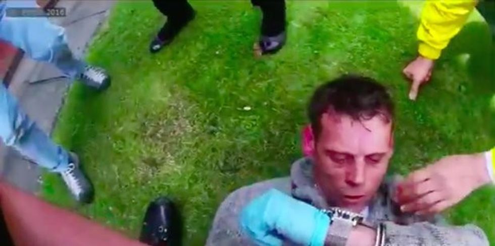 02/10/2016: A Derbyshire police officer's body cam captures the amazing moment three pensioners caught Stephen Ward, a crime-spree burglar who had evaded police for 18 months. Peter Mueller, 70, from Germany, was visiting the house of his recently passed away mother-in-law when he was shocked to spot Ward standing in the corridor with a bag of jewellery. Mr Mueller ñ plus elderly relatives Adly Gorrafa, 81, and Sheila Gorrafa, 78 ñ tackled Ward to the ground and held him on the floor while neighbours called the police. Ward, of Heanor Derbyshire, has now been jailed for 27 months. See copy by Raymonds Press.