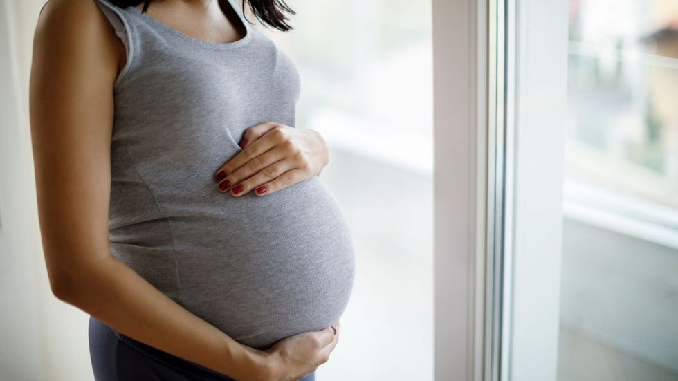 1 Portrait of young pregnant woman standing by the window