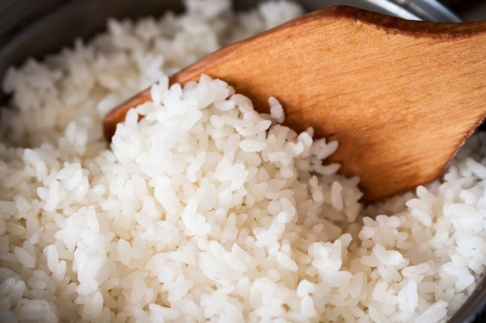 1 White rice in a metal pan