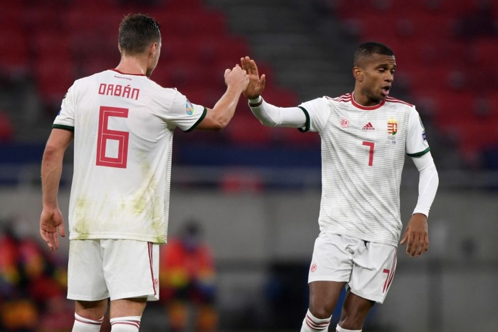 1420503 willi orban et loic nego lors du match de barrage de l hongrie contre l islande le 12 novembre 2020 a budapest