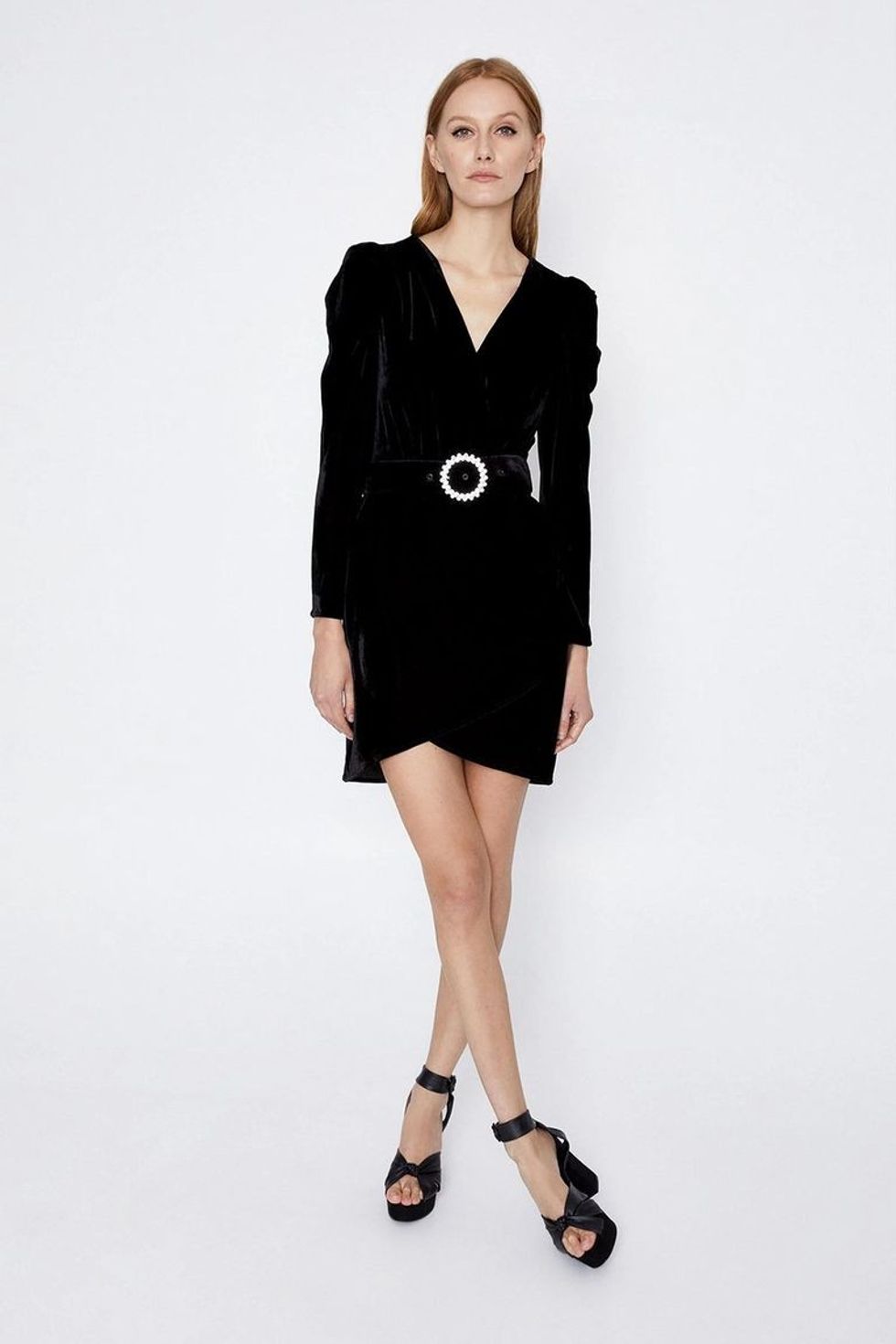 1621265426 womens black velvet buckle detail wrap dress