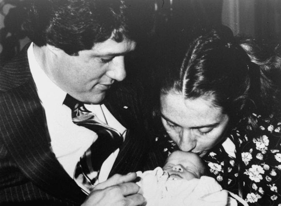 1980 Gov. Bill Clinton, wife Hillary Rodham, and week-old baby Chelsea pose for a family picture, March 5, 1980. It's the couple's first child. (AP Photo/Donald R. Broyles)