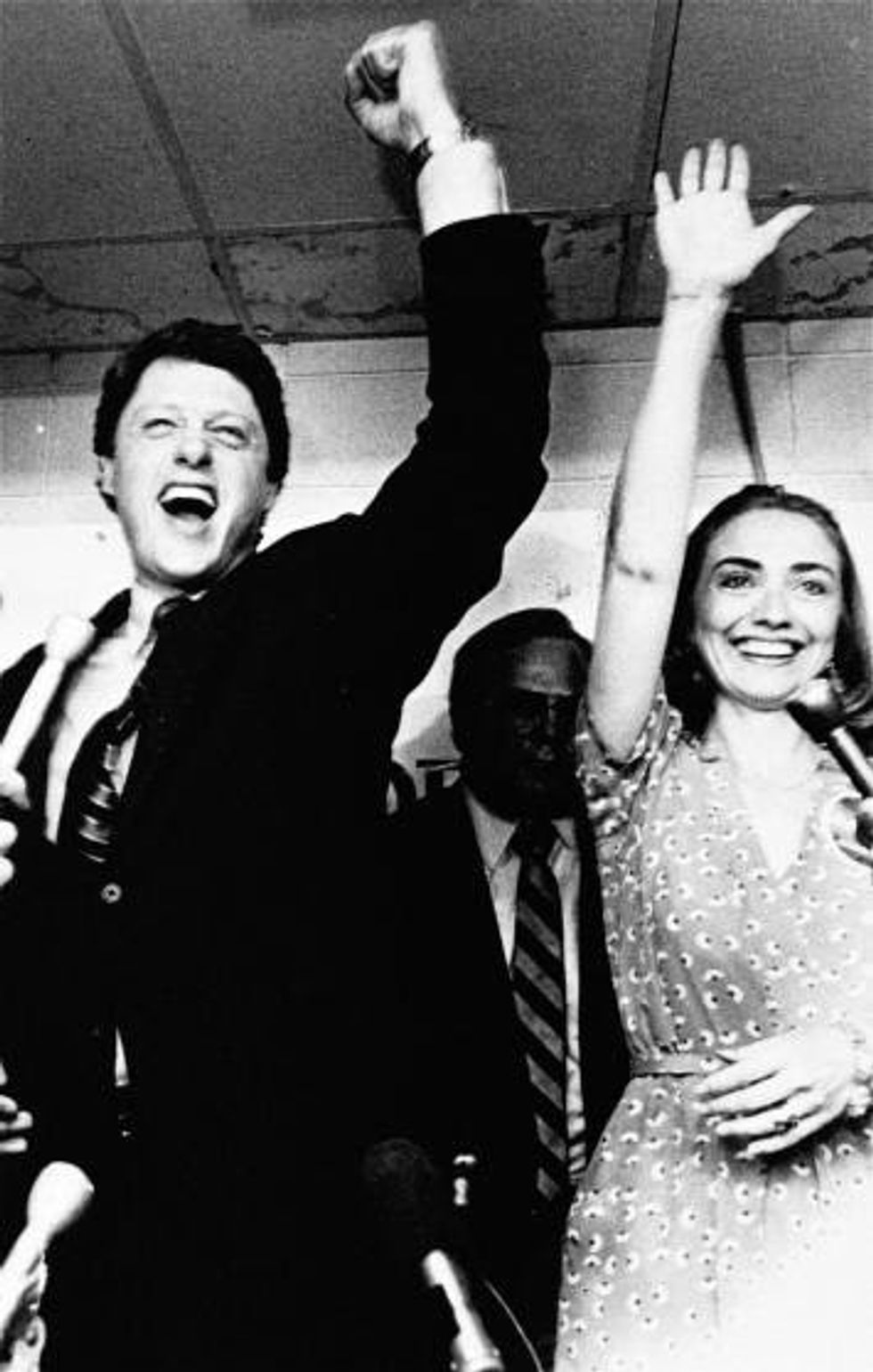 1982 ** FILE ** Former Arkansas Gov. Bill Clinton and his wife Hillary celebrate his victory in the Democratic runoff in Little Rock, Ark. in this June 8, 1982 file photo. The Arkansas years, with Bill Clinton serving first as state attorney general, and later as governor, initiated Hillary education to life as a political spouse. She practiced law, became a mother, worked as an advocate for women and children. (AP Photo/File)