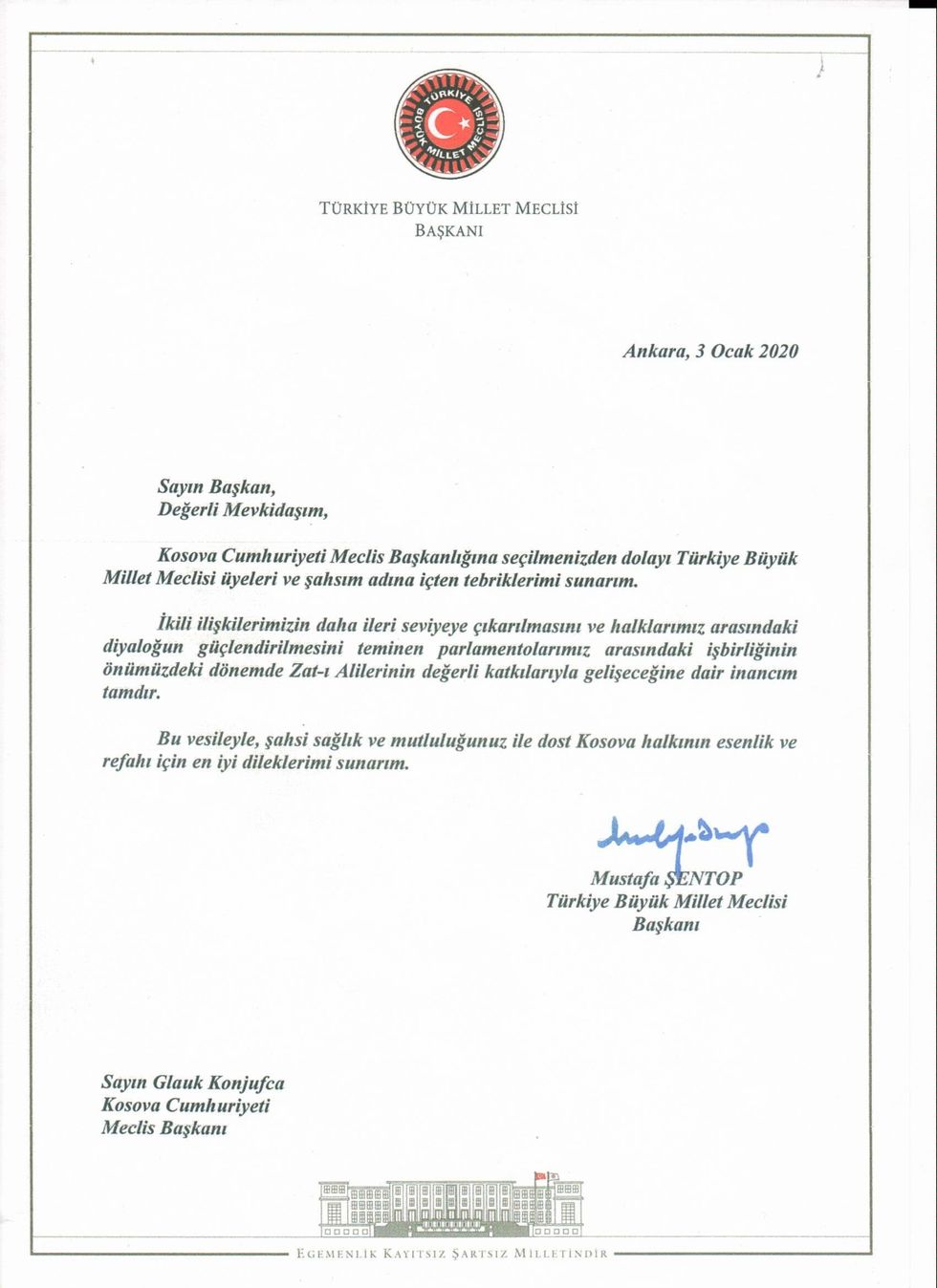 2020 01 17 Kryeparlamentari i Turqisë Mustafa Şentop uron kryetarin e Kuvendit të Kosovës Glauk Konjufca