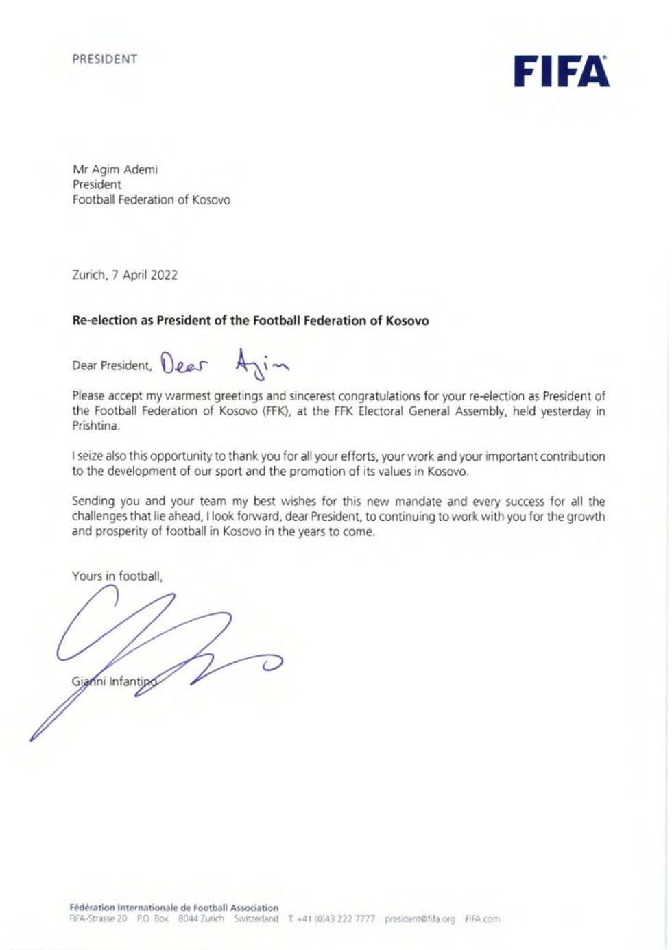 2022 04 07 Congratulations message to Mr Agim Ademi on his re election as FFK President 1 page 0001 1