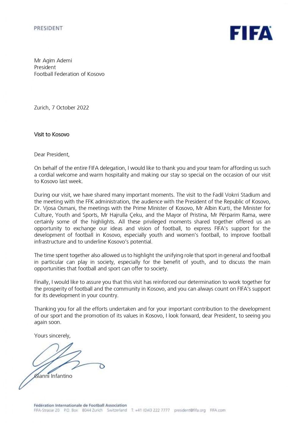 2022 10 07 Thank you letter to Mr Agim Ademi FFK President visit on 30 September 2022 page 0001