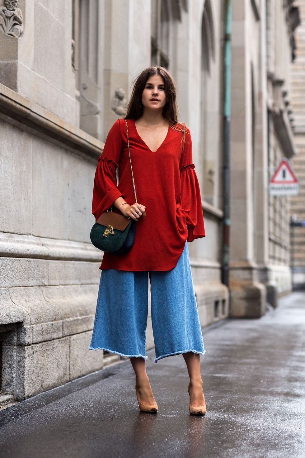 4. oversized top with denim culottes