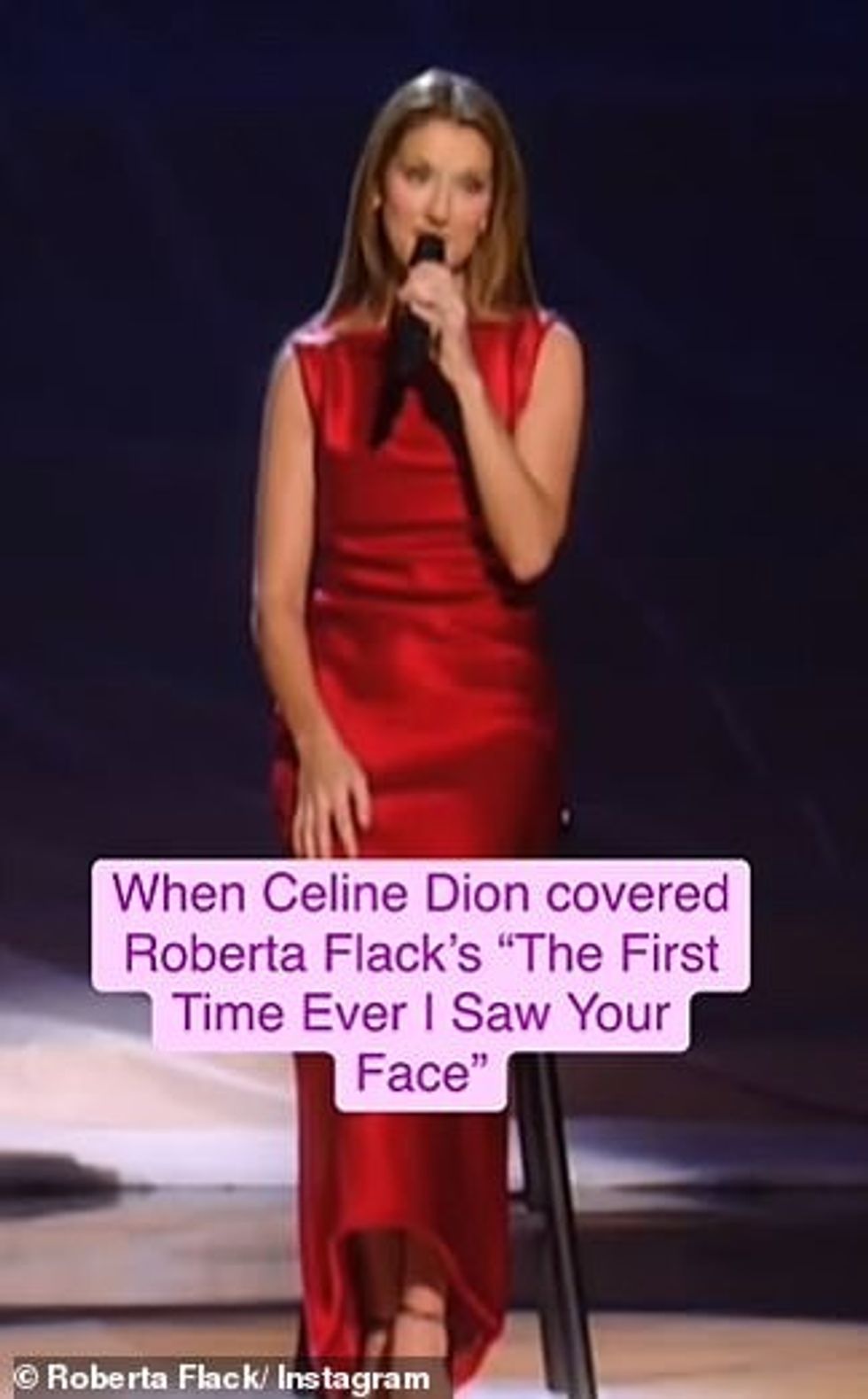 95560801 14433517 The clip showed Celine in a sleek red dress taking to the stage a 19 1740481479293