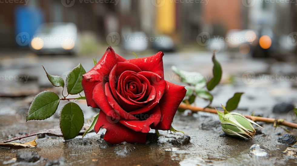 a red rose laying on the ground in the rain generative ai photo scaled