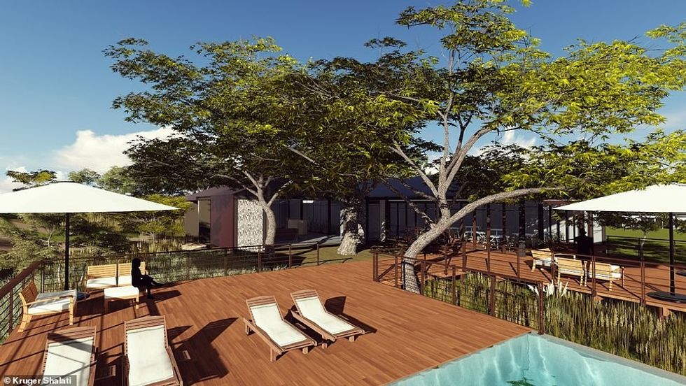 A rendering showing the dining area and the pool deck of the Bridge House, located adjacent to the bridge