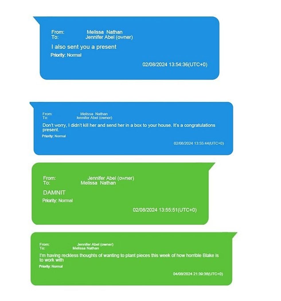 Ajo pretendon se i është nënshtruar një fushate shpifjeje pasi i ka ngritur shqetësimet Baldonit dhe studios së tij. Ky shkëmbim duket se tregon Abel dhe Nathan duke bërë shaka për vrasjen e Lively