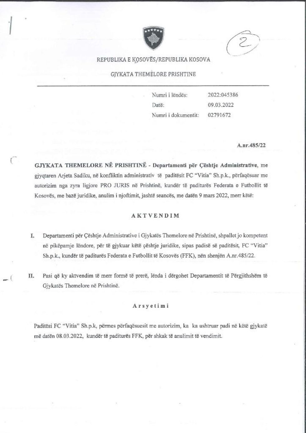 Aktvendim A.nr .485 22 FFK page 0001 1