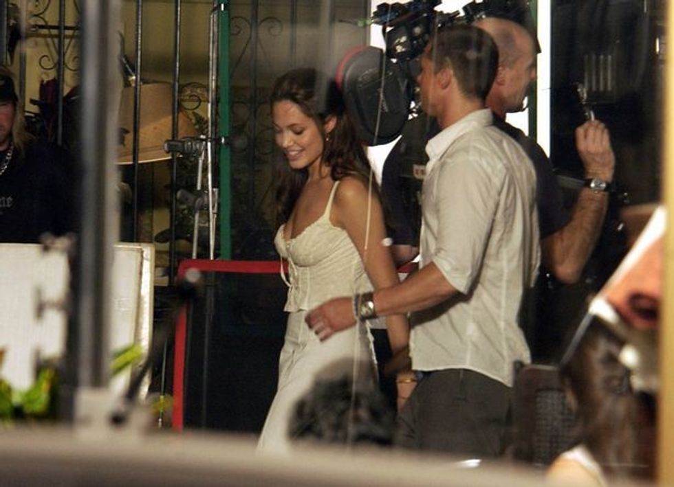 Angelina Jolie and Brad Pitt on the film set of Mr and Mrs Smith in Downtown Los Angeles