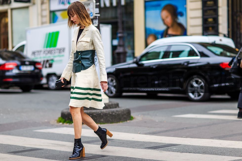 ankle boots, anya ziourova, atmosphere details, AUTUMN WINTER 2015-2016, AW 15-16, belt, black heels, FALL WINTER 2015-2016, fashion week, full length, FW, FW 15-16, heel ankle boots, horizontal, matching, PARIS, PFW, street style, total look, white dress, woman