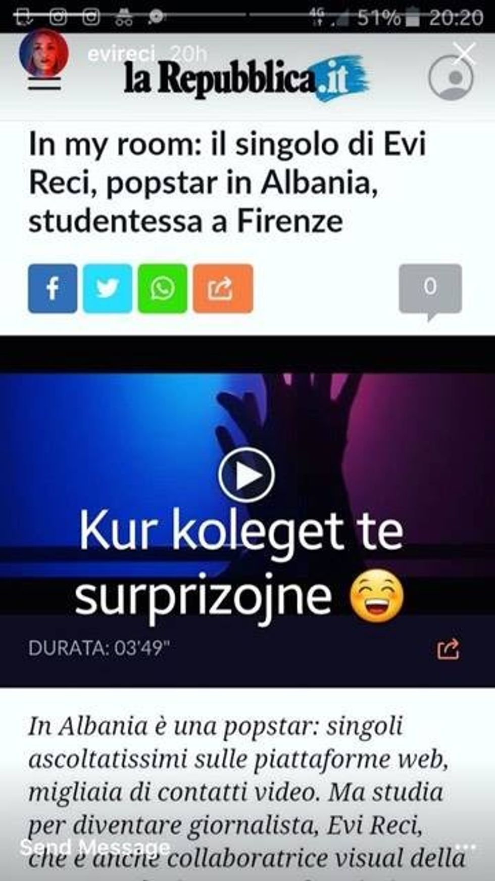 Artikulli i gazetës italiane dedikuar këngëtares shqiptare Evi Reçi. Foto nga Instagram Story.