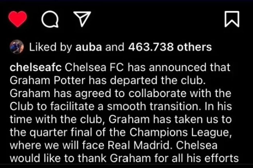 Aubameyang liked Chelsea's Instagram post announcing Potter's sacking