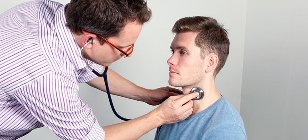 Auscultate the thyroid