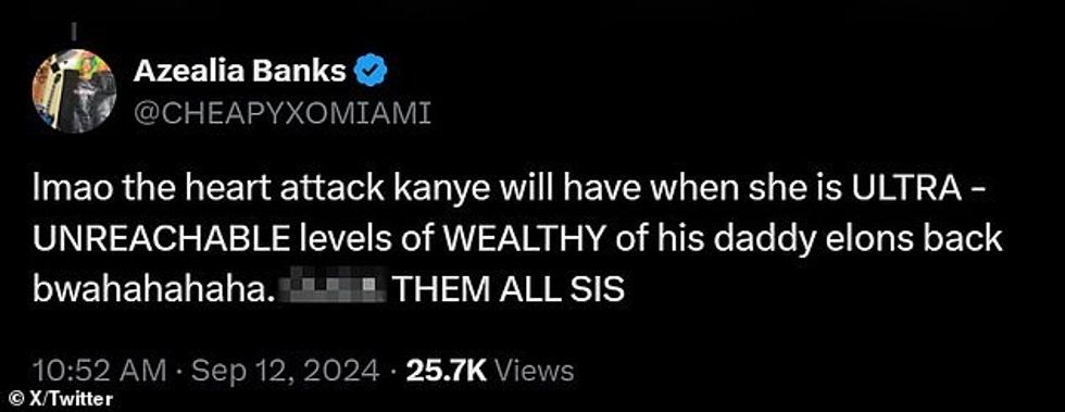 Banks më pas solli në përzierje rivalin më të madh të Swift-it, Kanye, duke spekuluar se ai do të kishte 'infarkt' nëse Swift do ta rrëzonte Musk-un me sukses.