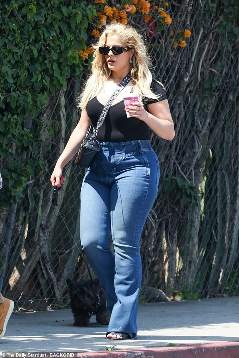 Bebe Rexha, 34, showed off her curves in bootcut denim jeans and a black short-sleeved top as she stepped out for a stroll in Los Angeles on Sunday