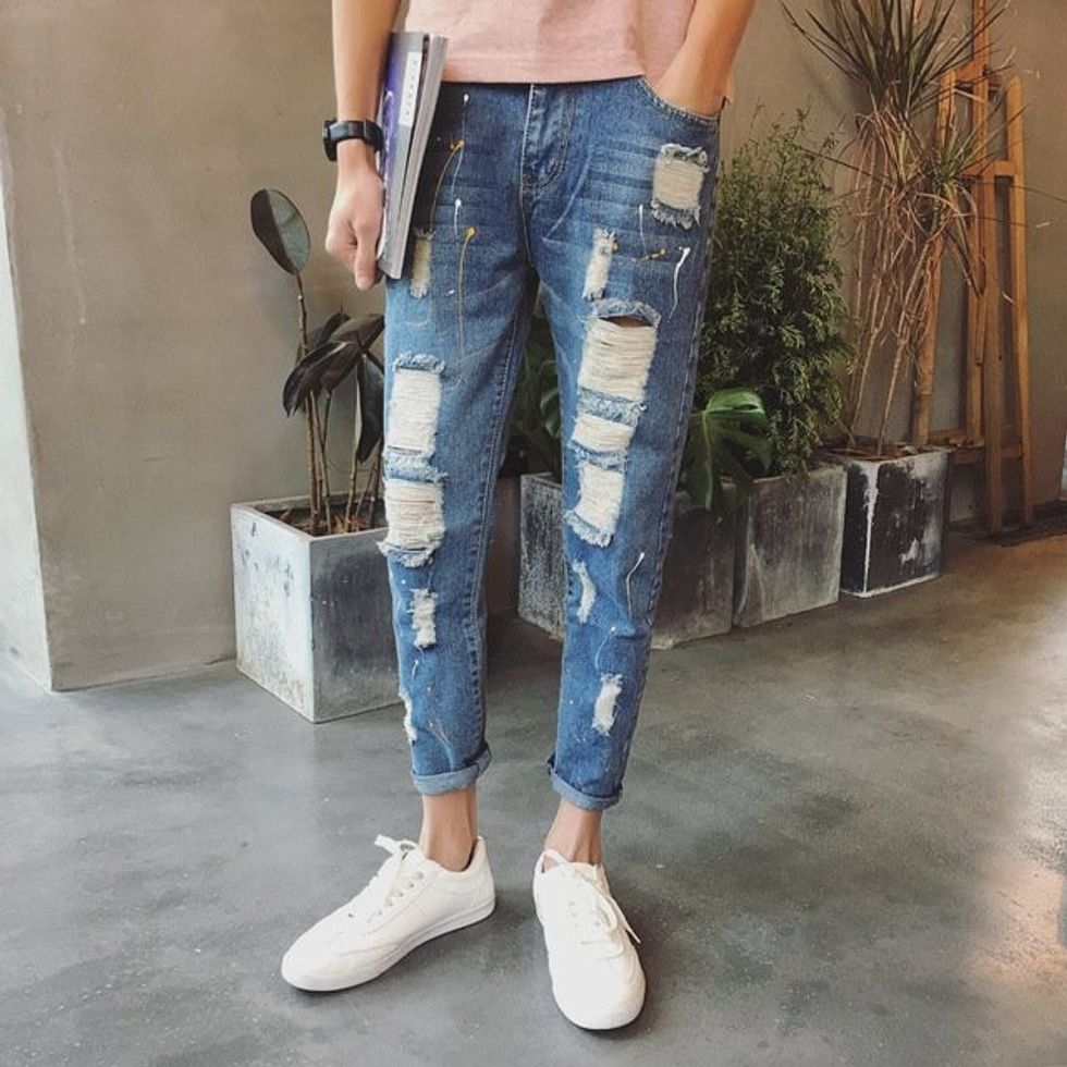 Biker Jeans Men Fashion 2017 New Summer Slim Ripped Jeans Ankle Length Mens Denim Pants Trousers