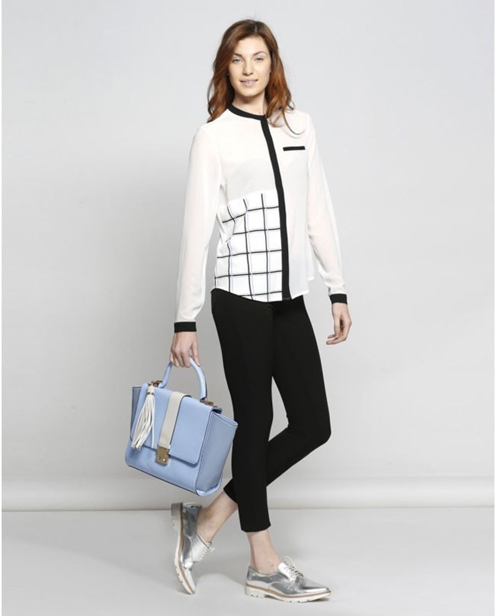 Black white combination shirt with black legging pant silver
