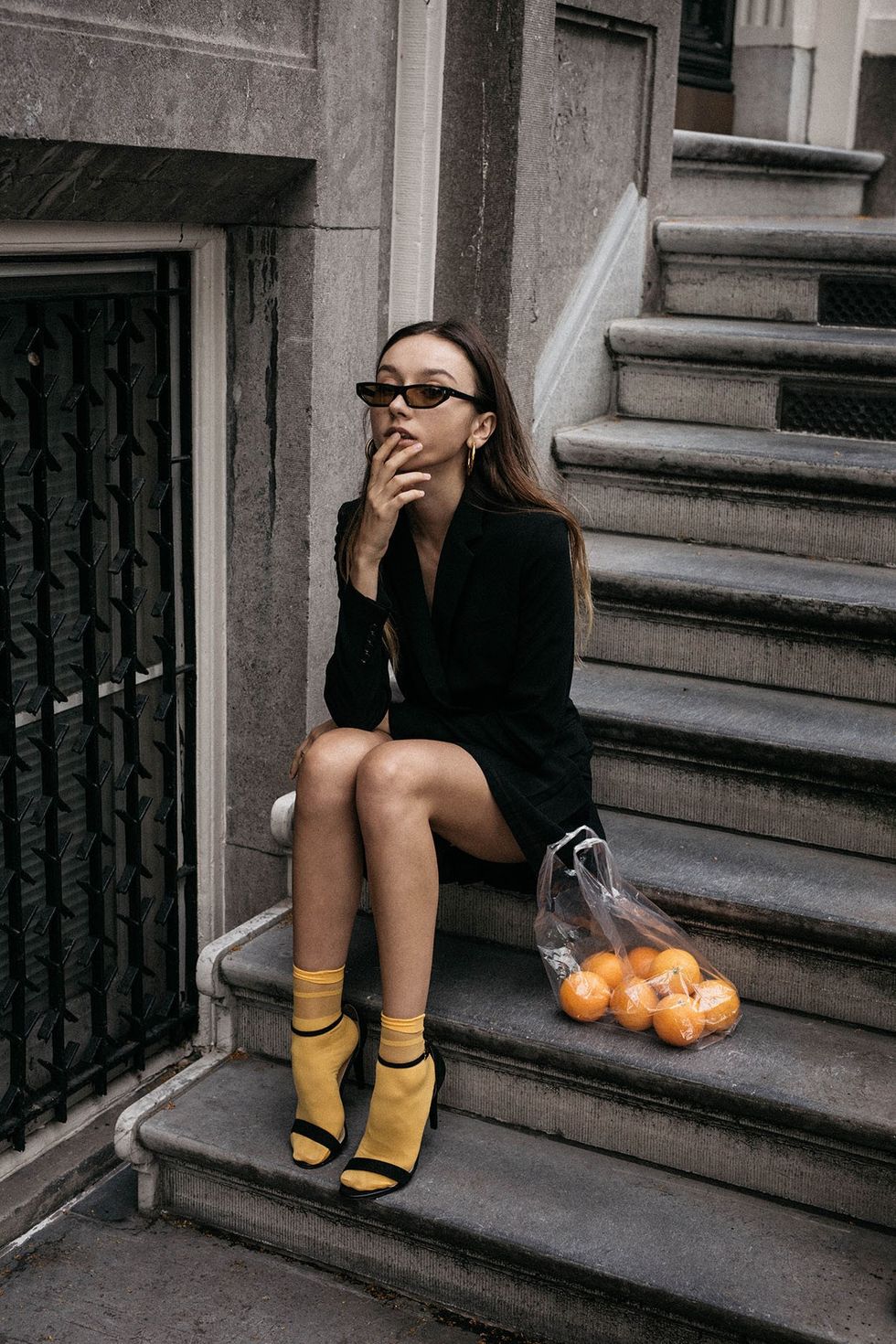 bonceptual editorial balenciaga 2018 sunglasses oranges in plastic bag bright yellow socks with sandals trend outfit ideas 7