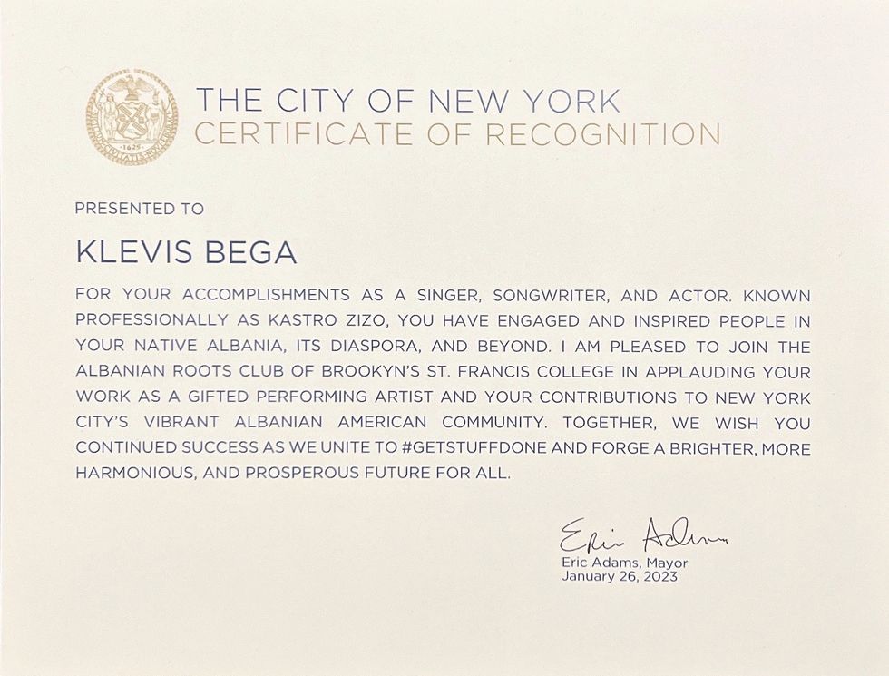 Certifikata e Nderimit nga Bashkia e Nju Jorkut