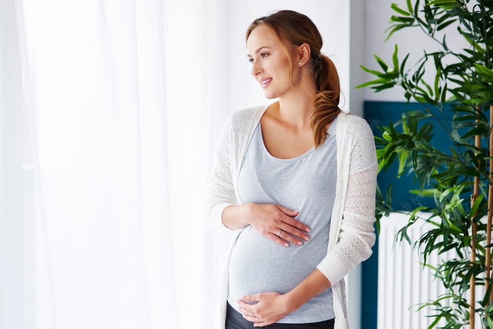 cheerful pregnant woman looking through window 329181 18050
