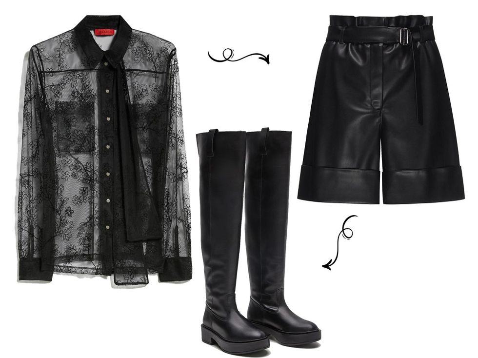 Cizme mbi gju dhe pantallona te shkurtra lekure