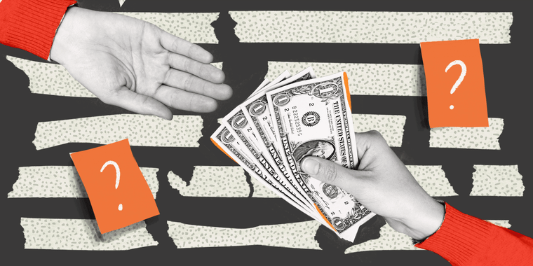 Collage illustration of a hand extended and a hand with money