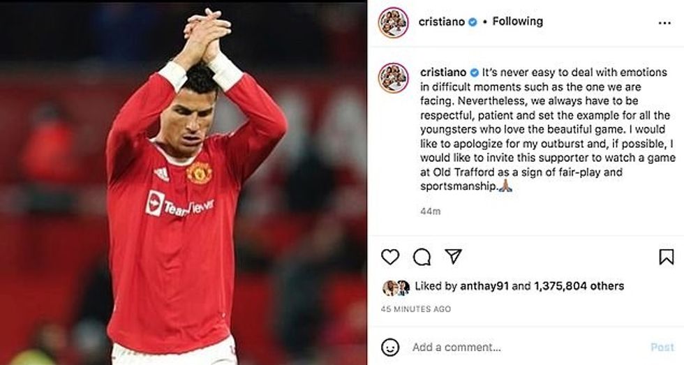 Cristiano Ronaldo has taken to social media to apologise for his 'outburst' after he appeared to knock an Everton fan's phone out of their hand as he walked down the tunnel at Goodison Park