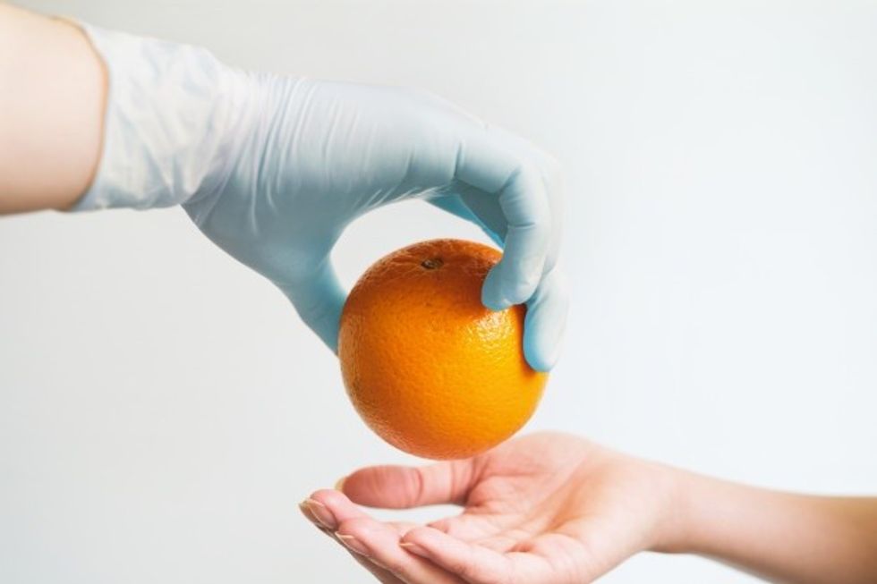 doctor s hand giving patient ripe orange 267751 49