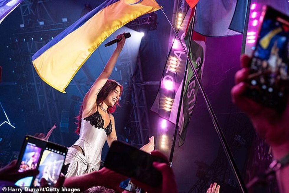 During Ms Lipa¿s performance there were numerous large Palestine flags so close to the stage that they were seen on screens and on the BBC's coverage