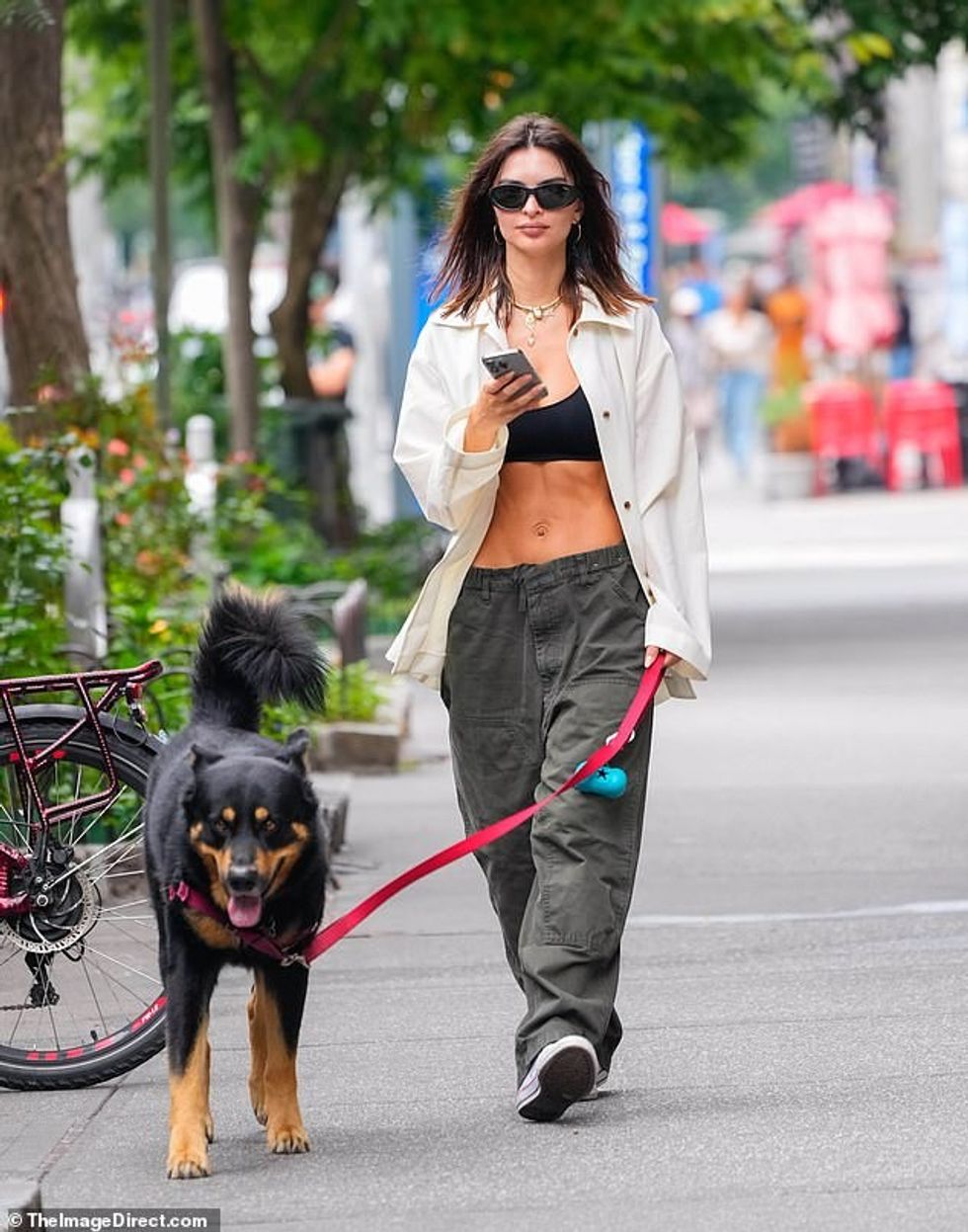 Emily Ratajkowski took her dog Colombo for a walk in her New York City neighborhood