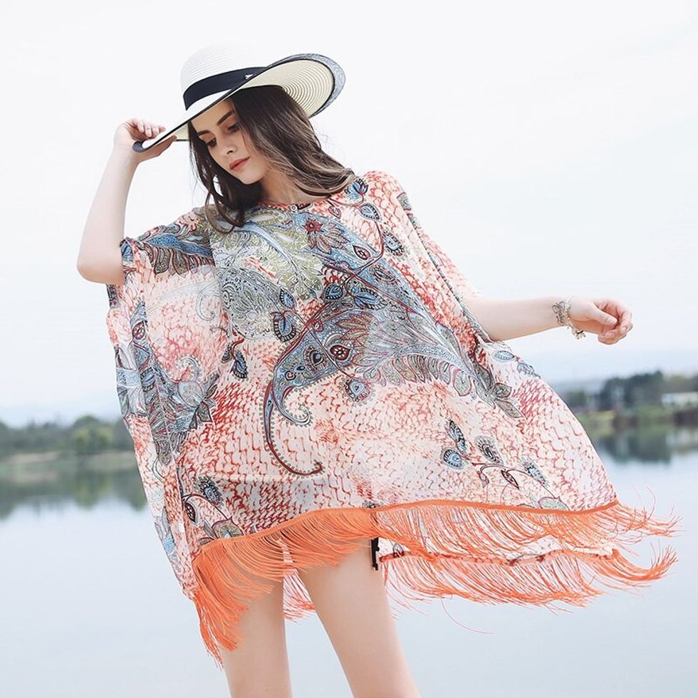 European America Style Floral Beach Poncho Ball Pompon Bikini Cover Up Summer Beach Wrap Kimono Coat