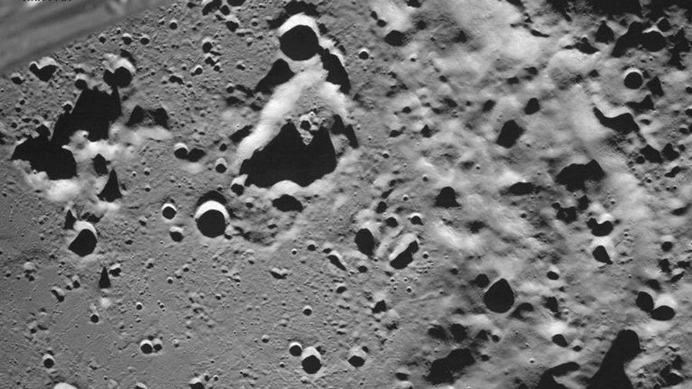 FILE PHOTO: A picture taken from the camera of the lunar landing spacecraft Luna-25 shows the Zeeman crater located on the far side of the moon, August 17, 2023. Roscosmos/Handout via REUTERS ATTENTION EDITORS - THIS IMAGE HAS BEEN SUPPLIED BY A THIRD PARTY. MANDATORY CREDIT./File Photo
