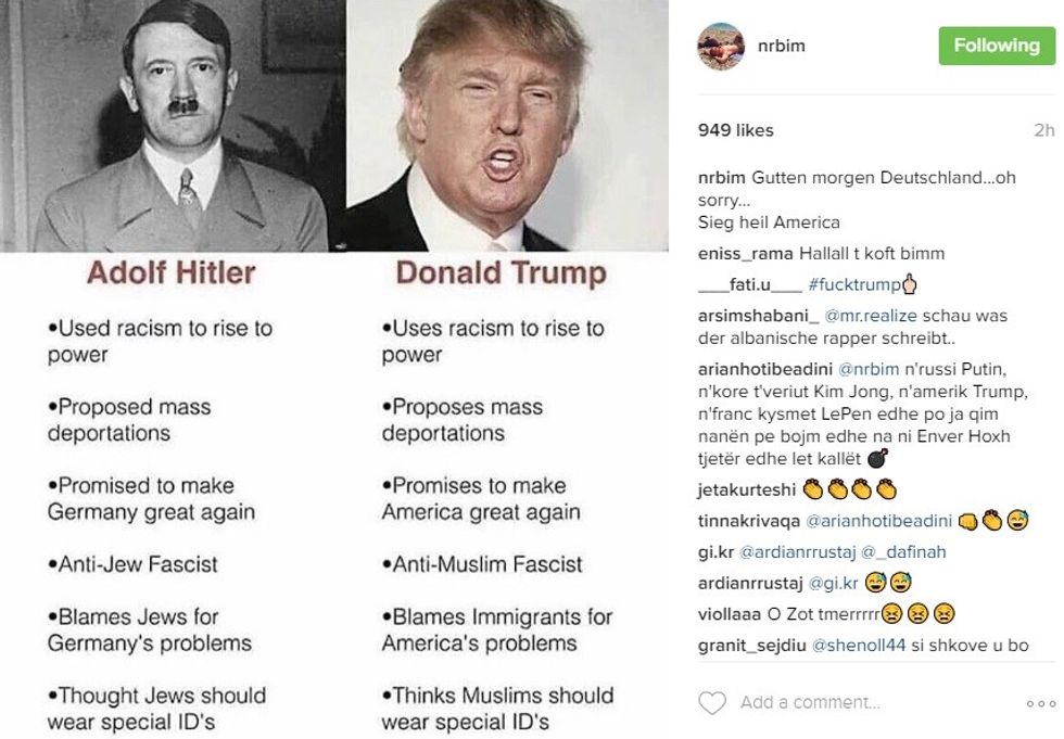 Fotografia e publikur nga Bim Bimma, me anë të së cilës krahason figurat e Donald Trump dhe Adolf Hitler. Foto nga: Instagram.