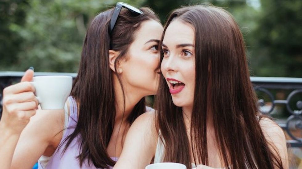 friends two coffee gossip whisper