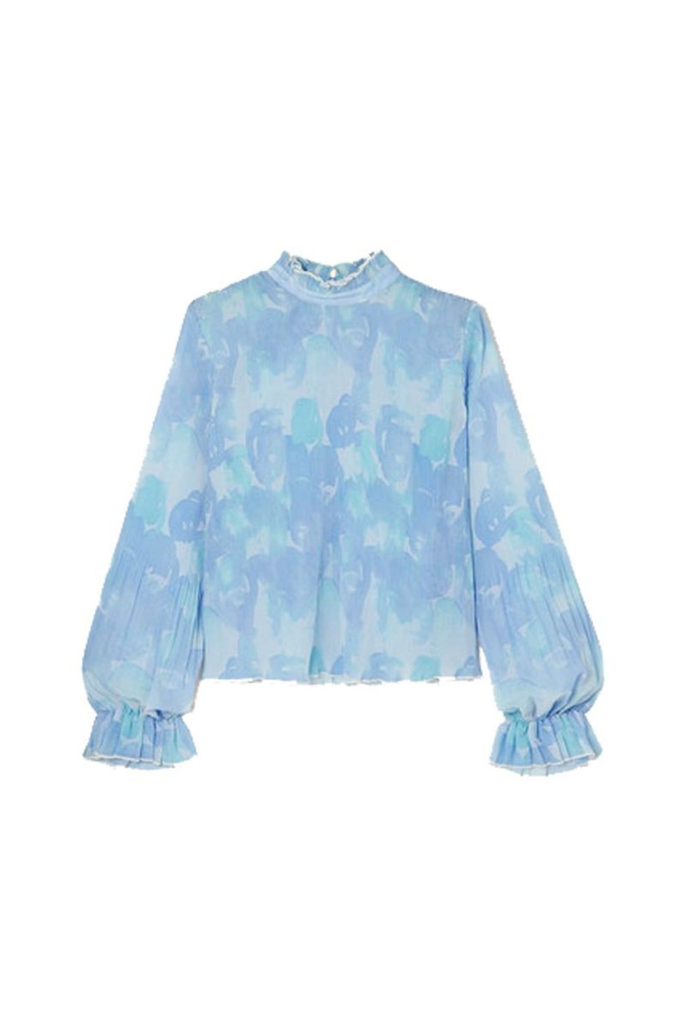 ganni ruffled floral print plisse georgette top 140 00 1579868080