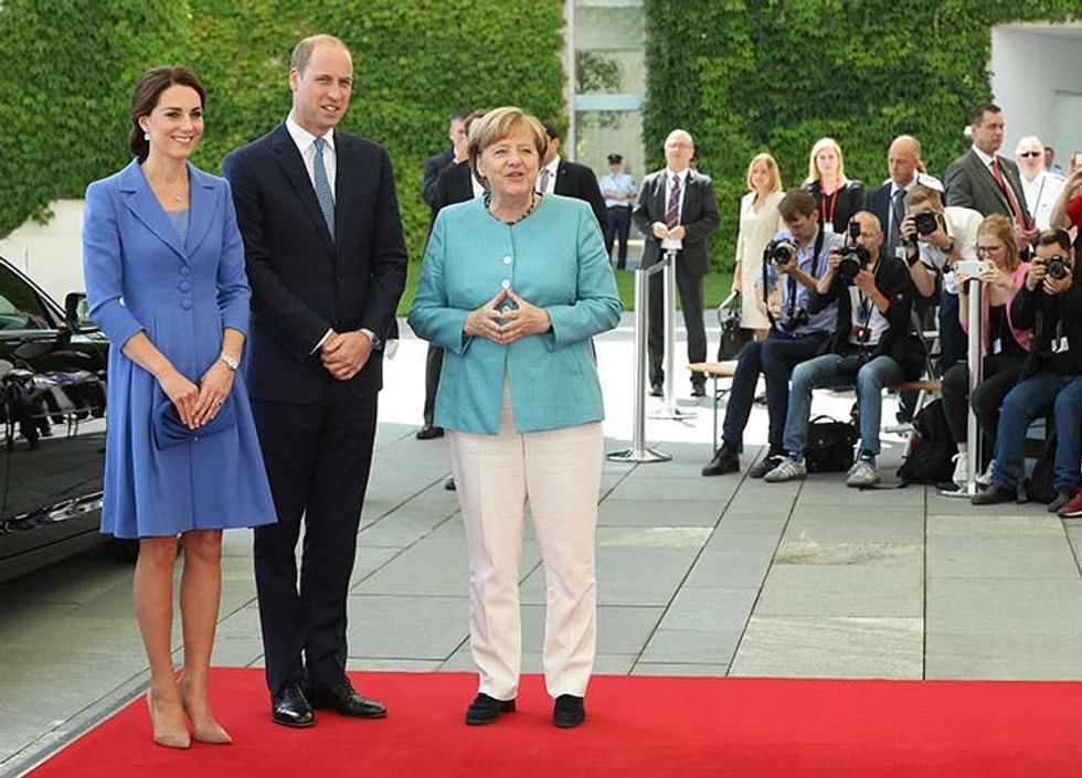 German Chancellor Angela Merkel welcomes Duchess of Cambridge and Prince William