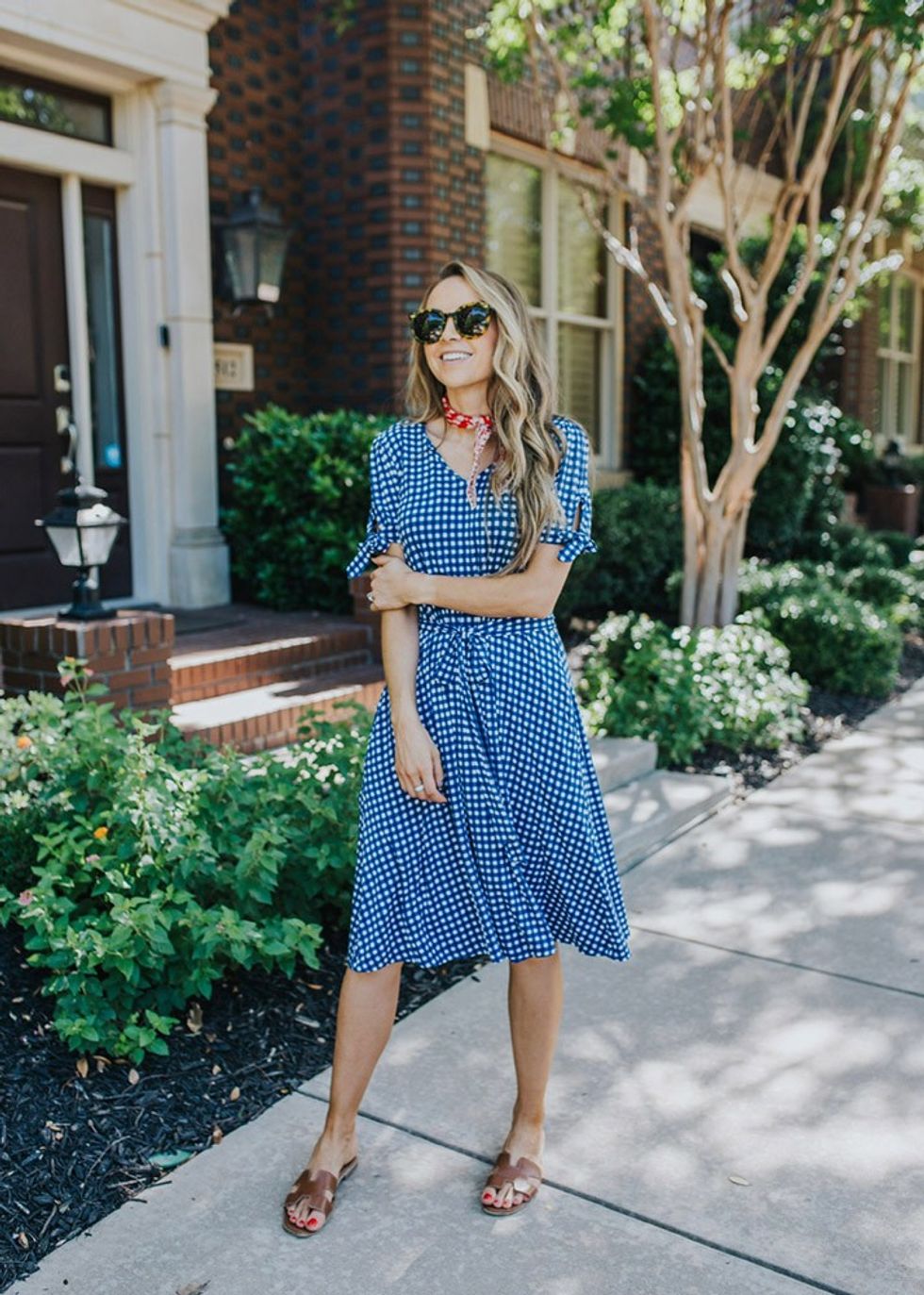 gingham dress and red bandana scarf