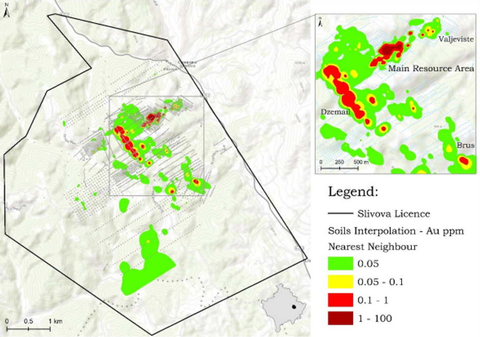 Harta e zonave kryesore te resurseve dhe zonave tjera potenciale mineralmbajtese ne projektin Slivova Burimi WTR