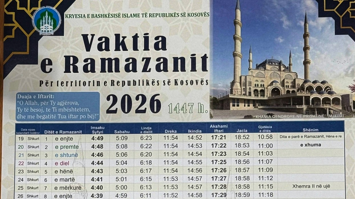 Vaktia e Ramazanit 2026 në Kosovë: Orari i syfyrit dhe iftarit