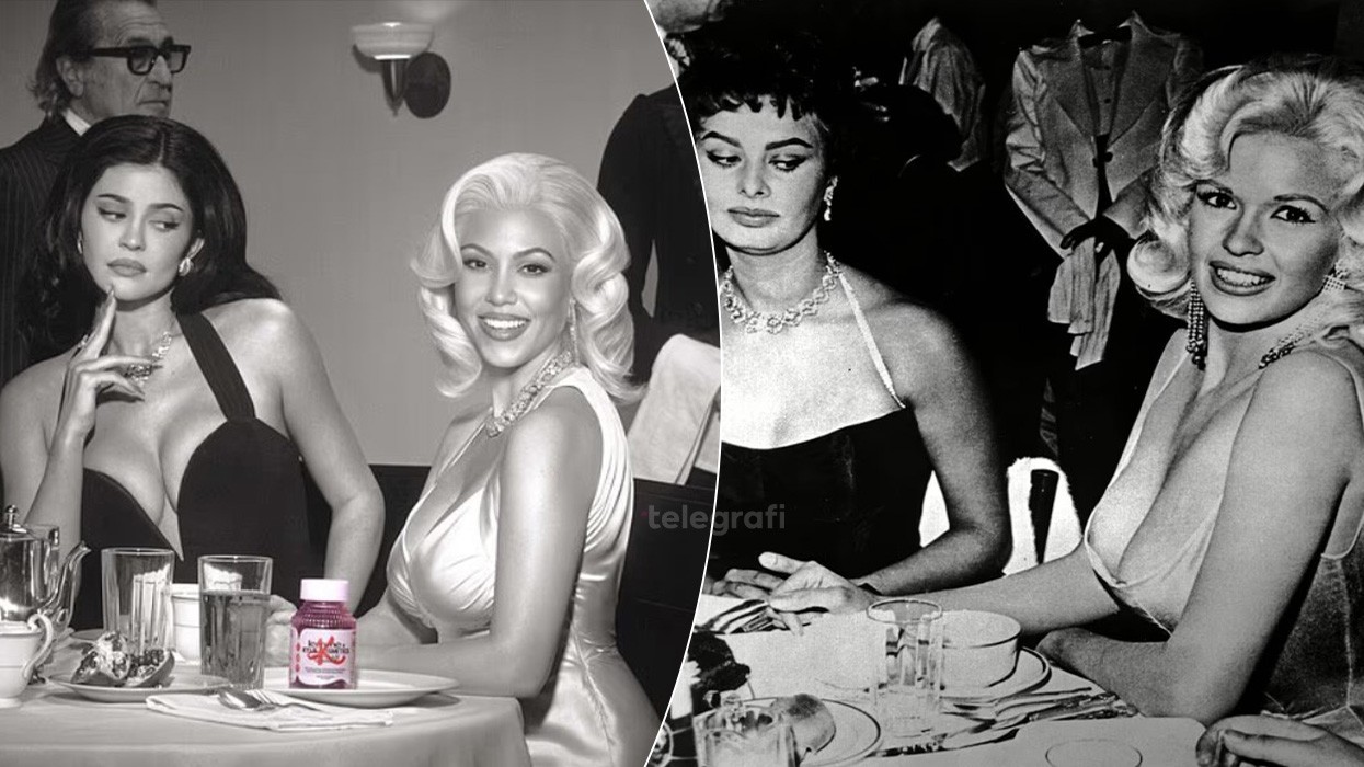 Kylie Jenner dhe Kourtney Kardashian rikrijojnë fotografinë ikonike të Sophia Loren dhe Jayne Mansfield për lansimin e Skin Glaze
