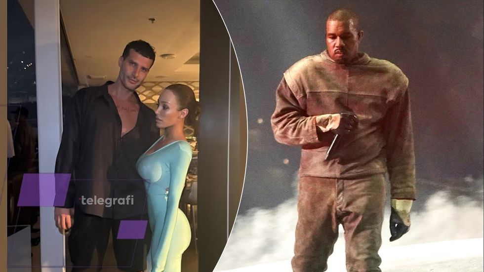 Bianca Censori shfaqet në kostum të kaltër të ngushtë, gjatë koncerteve të Kanye West