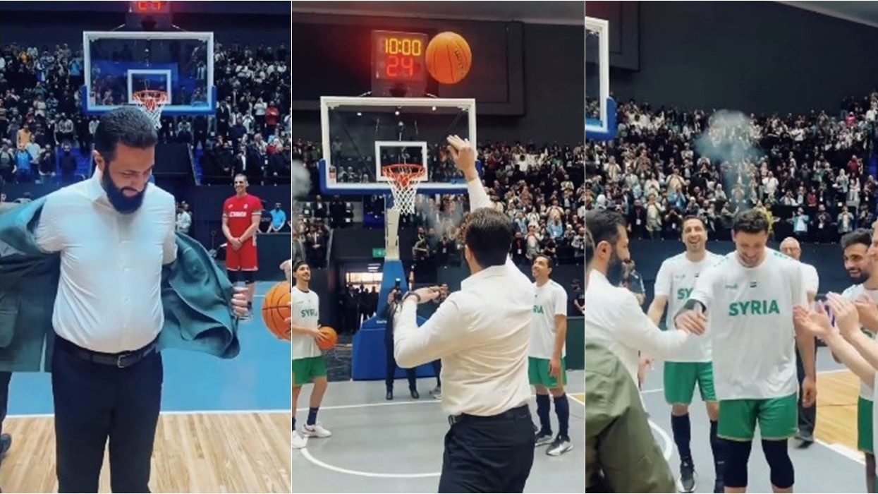 Presidenti Ahmed El-Shara hap sallën sportive në Damask dhe shënon pikët e para në basketboll