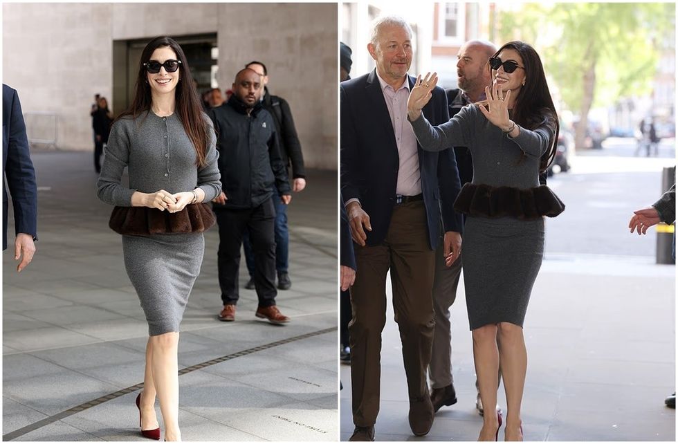 Anne Hathaway me një pamje elegante derisa iu bashkohet kolegëve të kastit për një intervistë në BBC