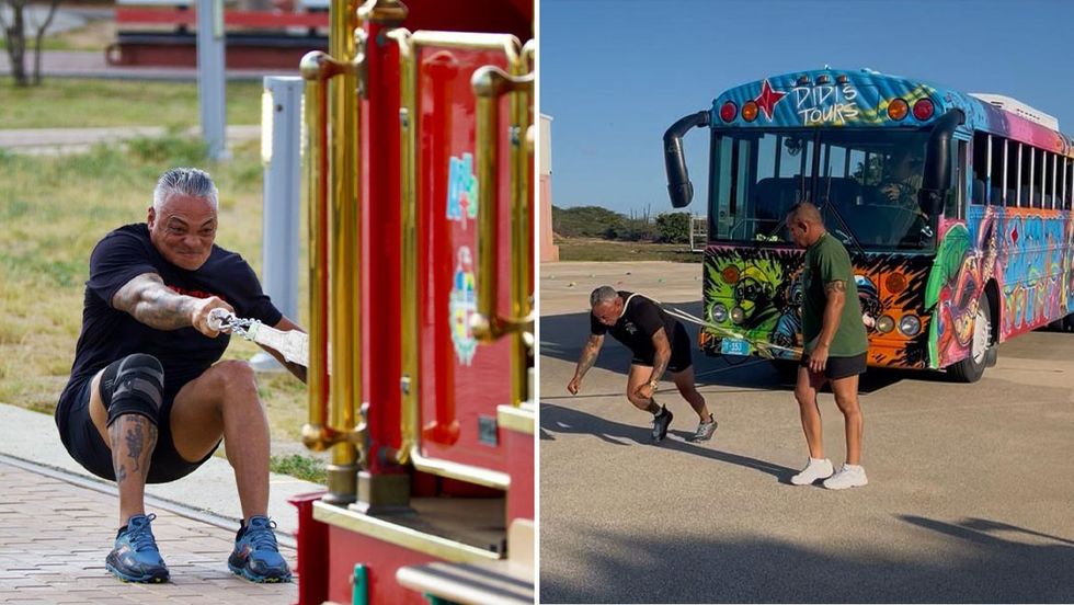 49-vjeçari tërheq autobusin me qafë - thyen rekord Guinness